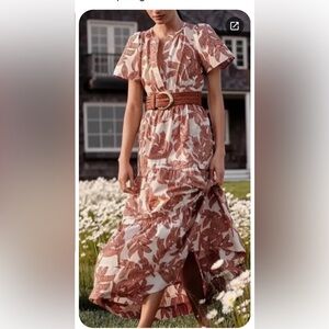 The Somerset Maxi Dress Anthropologie Tan Rust Print Size XL EUC